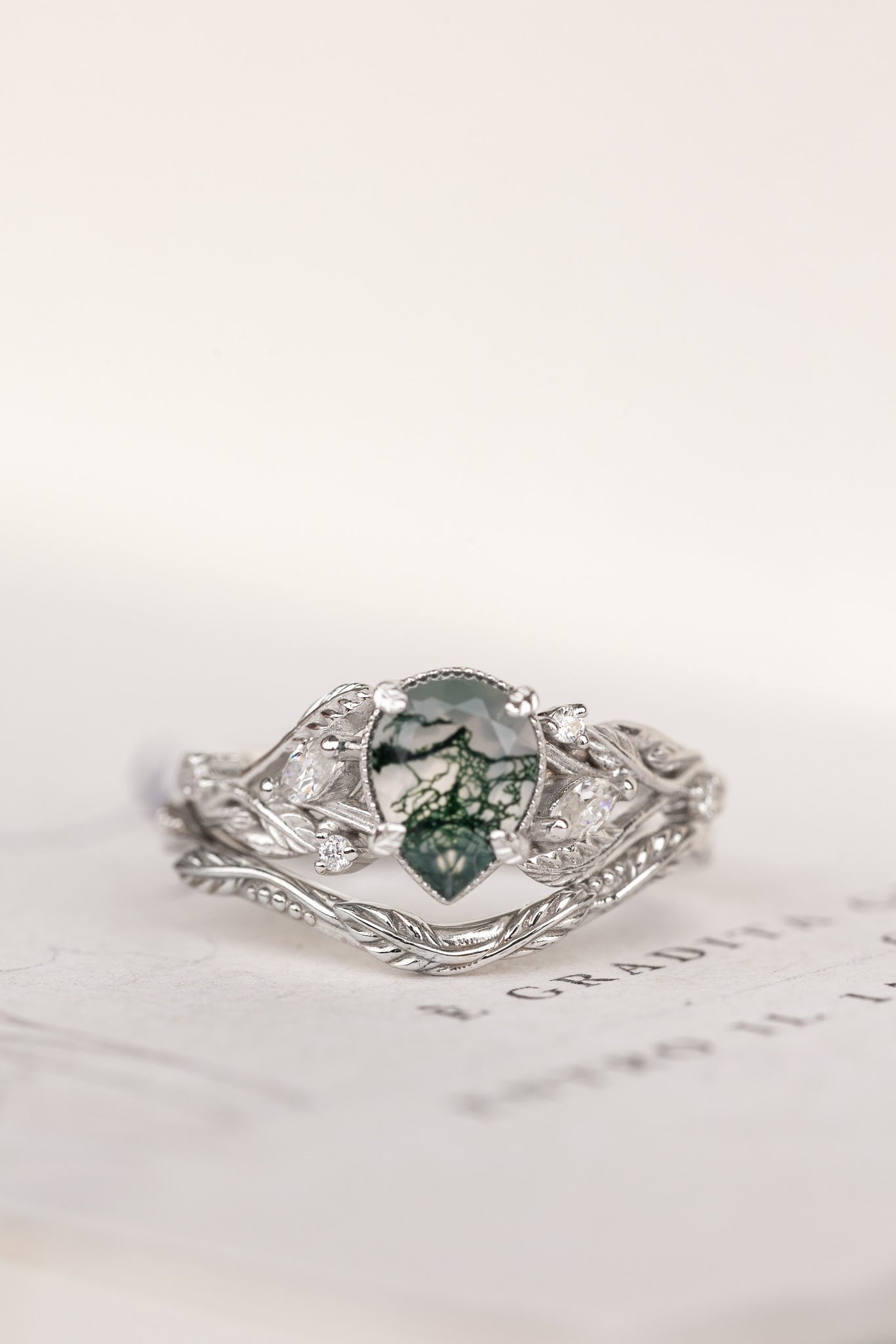 Unique moss agate engagement ring with diamonds, nature themed leaves and diamonds ring / Patricia - Eden Garden Jewelry™