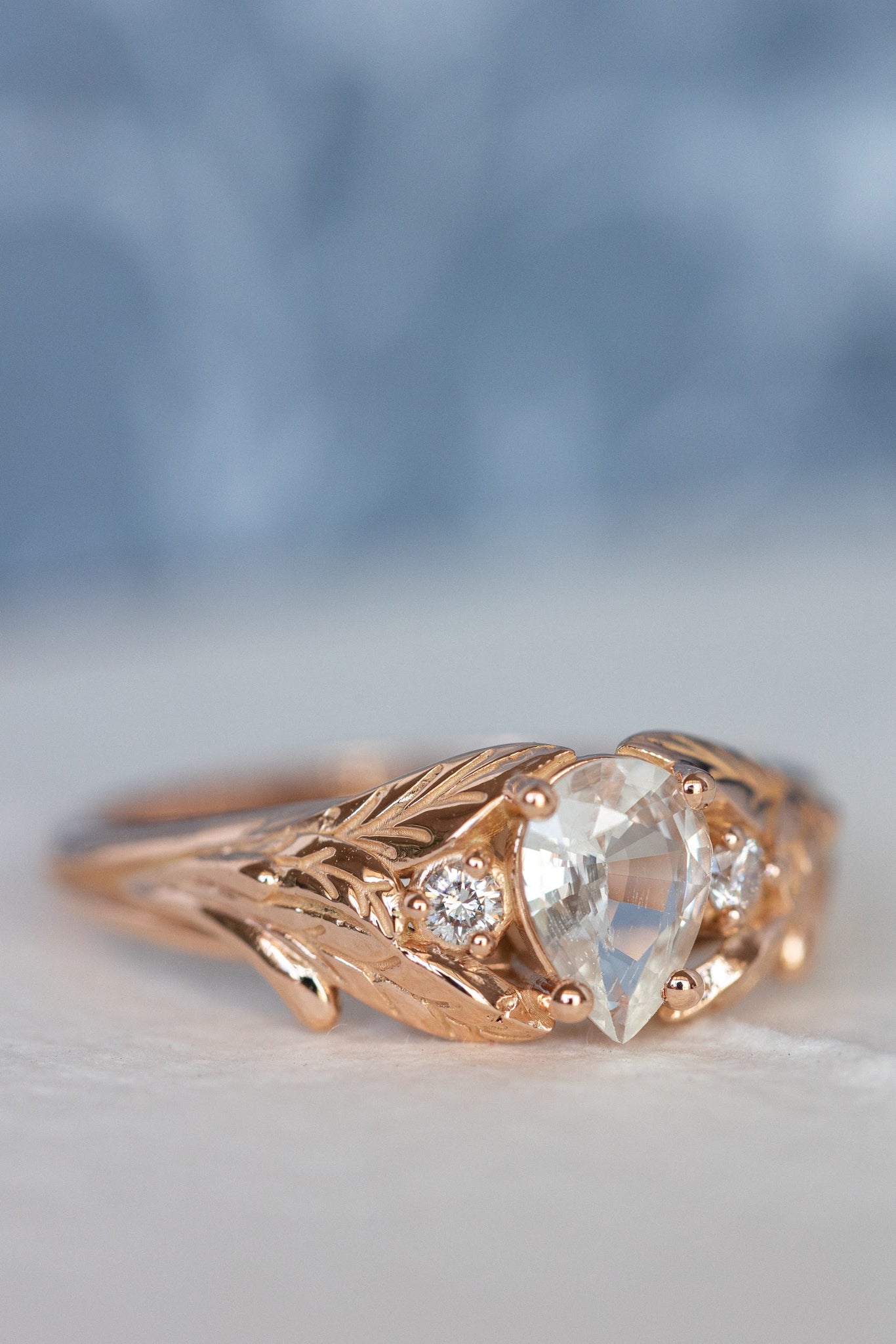 White sapphire engagement ring, rose gold engagement ring with accent diamonds / Wisteria - Eden Garden Jewelry™