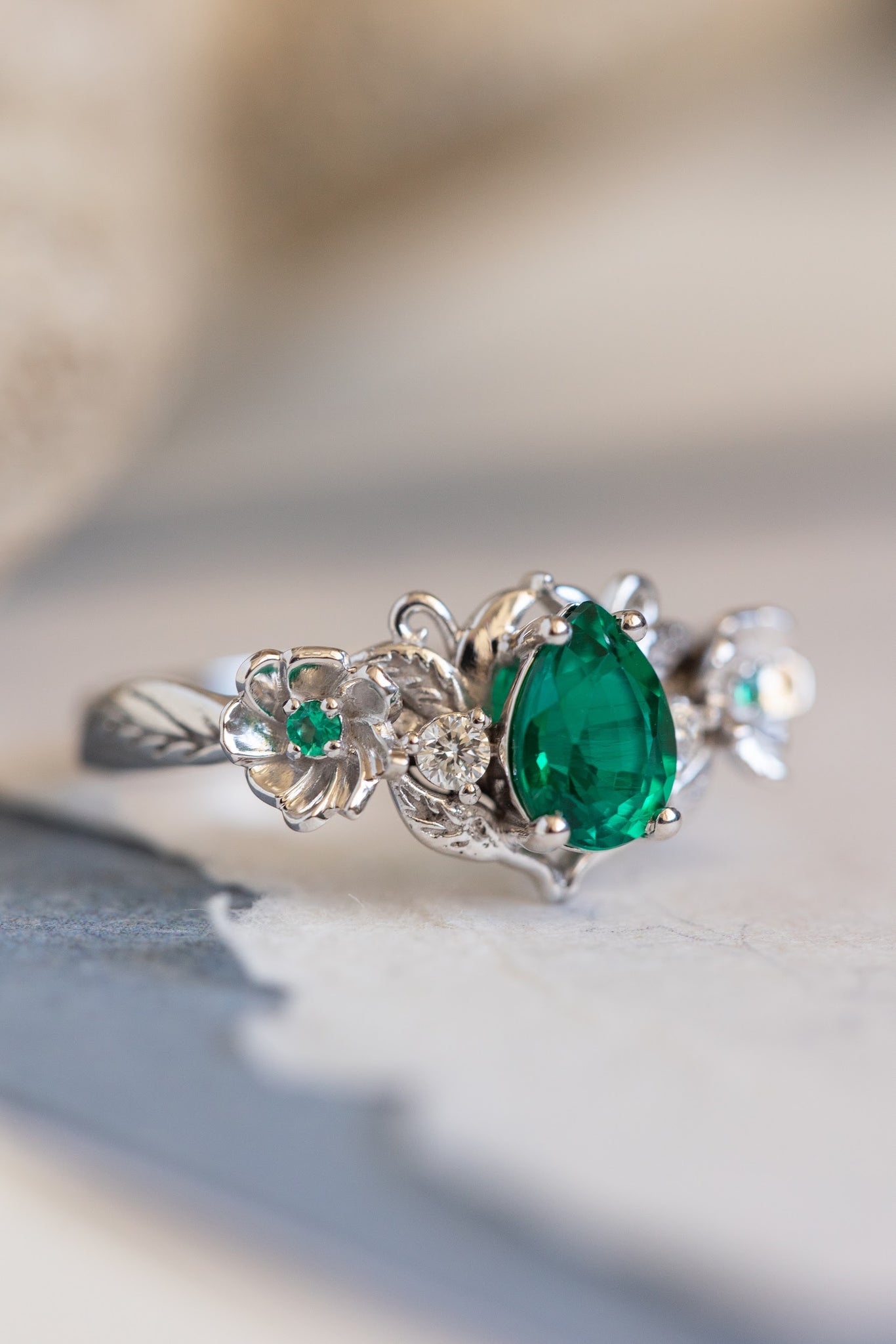 Lab-created emerald engagement ring set, unique flower style bridal ring set / Adelina - Eden Garden Jewelry™