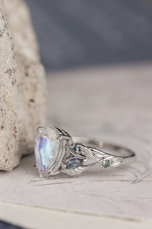 Natural moonstone and accent alexandrites engagement ring, vines and leaves white gold ring / Patricia - Eden Garden Jewelry™