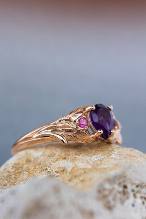 Pear amethyst engagement ring, gold leaf ring with pink tourmalines / Wisteria - Eden Garden Jewelry™