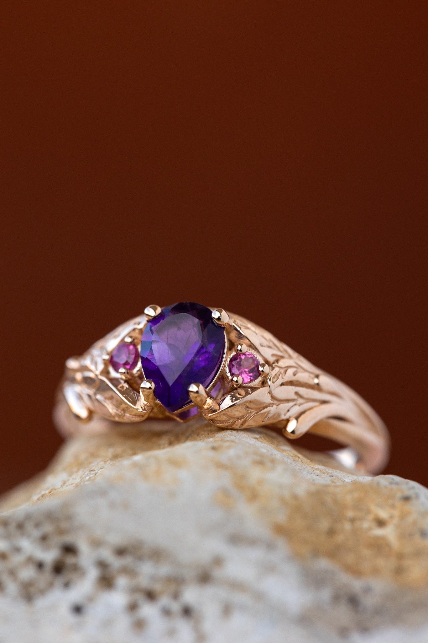 Pear amethyst engagement ring, gold leaf ring with pink tourmalines / Wisteria - Eden Garden Jewelry™