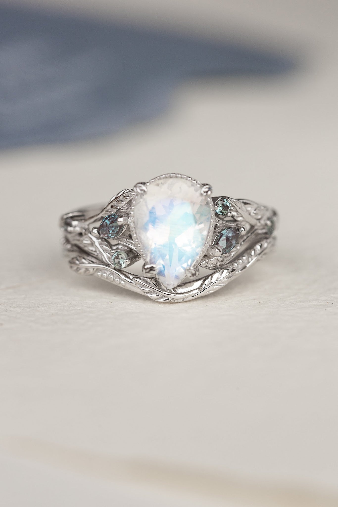 Big pear moonstone bridal ring set, engagement ring set with accent alexandrites / Patricia - Eden Garden Jewelry™