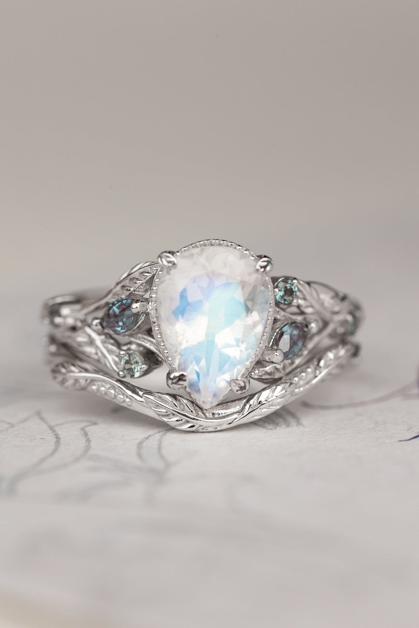 Natural moonstone and accent alexandrites engagement ring, vines and leaves white gold ring / Patricia - Eden Garden Jewelry™