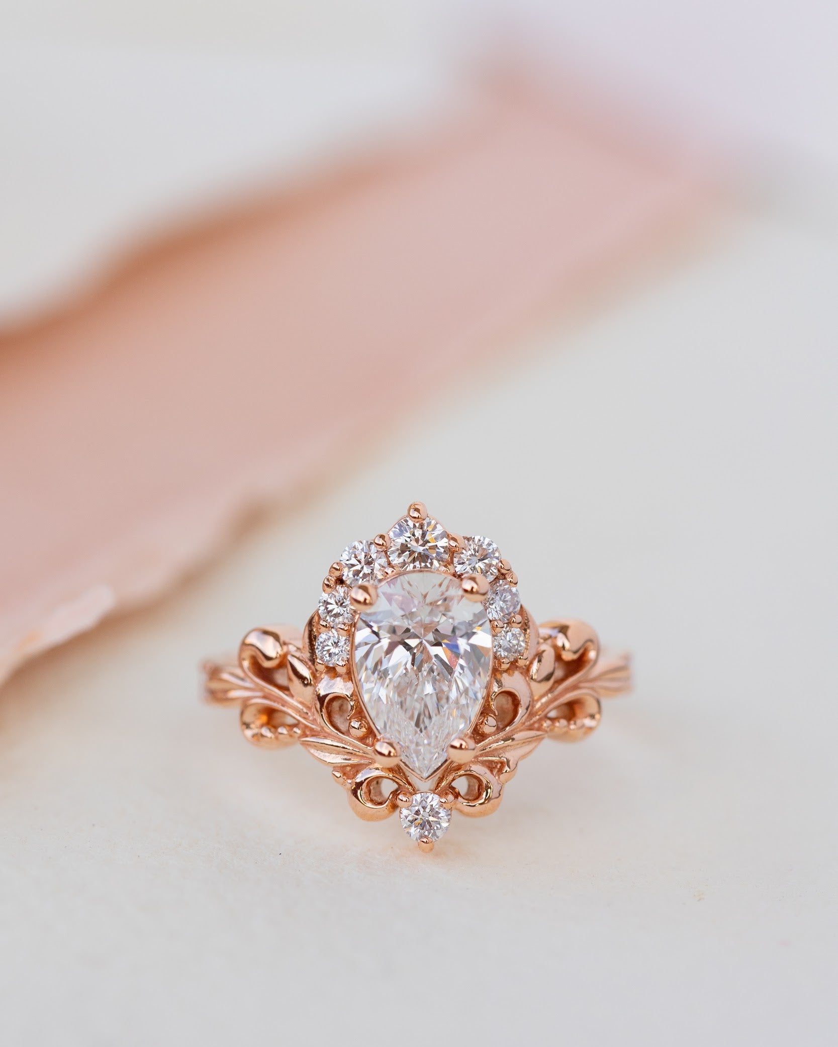 Lab grown diamond engagement ring set, nature inspired rose gold bridal ring set with diamond halo / Sophie - Eden Garden Jewelry™