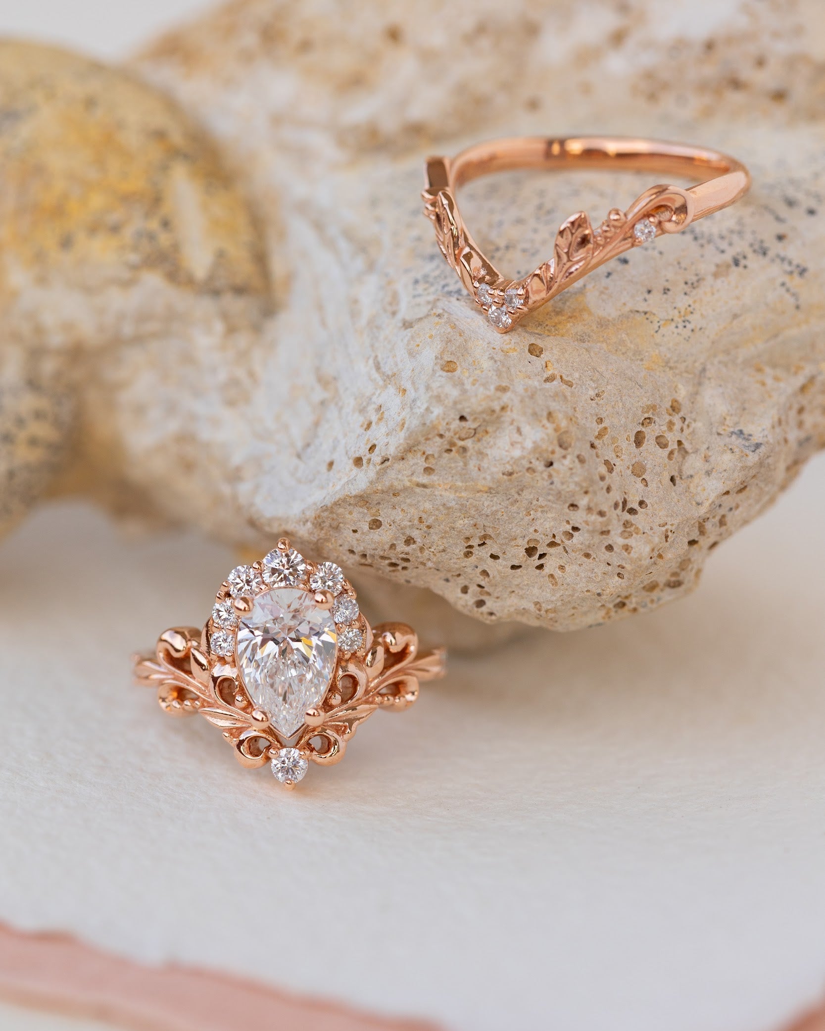 Lab grown diamond engagement ring set, nature inspired rose gold bridal ring set with diamond halo / Sophie - Eden Garden Jewelry™