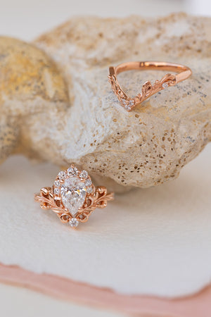 Lab grown diamond engagement ring set, nature inspired rose gold bridal ring set with diamond halo / Sophie - Eden Garden Jewelry™