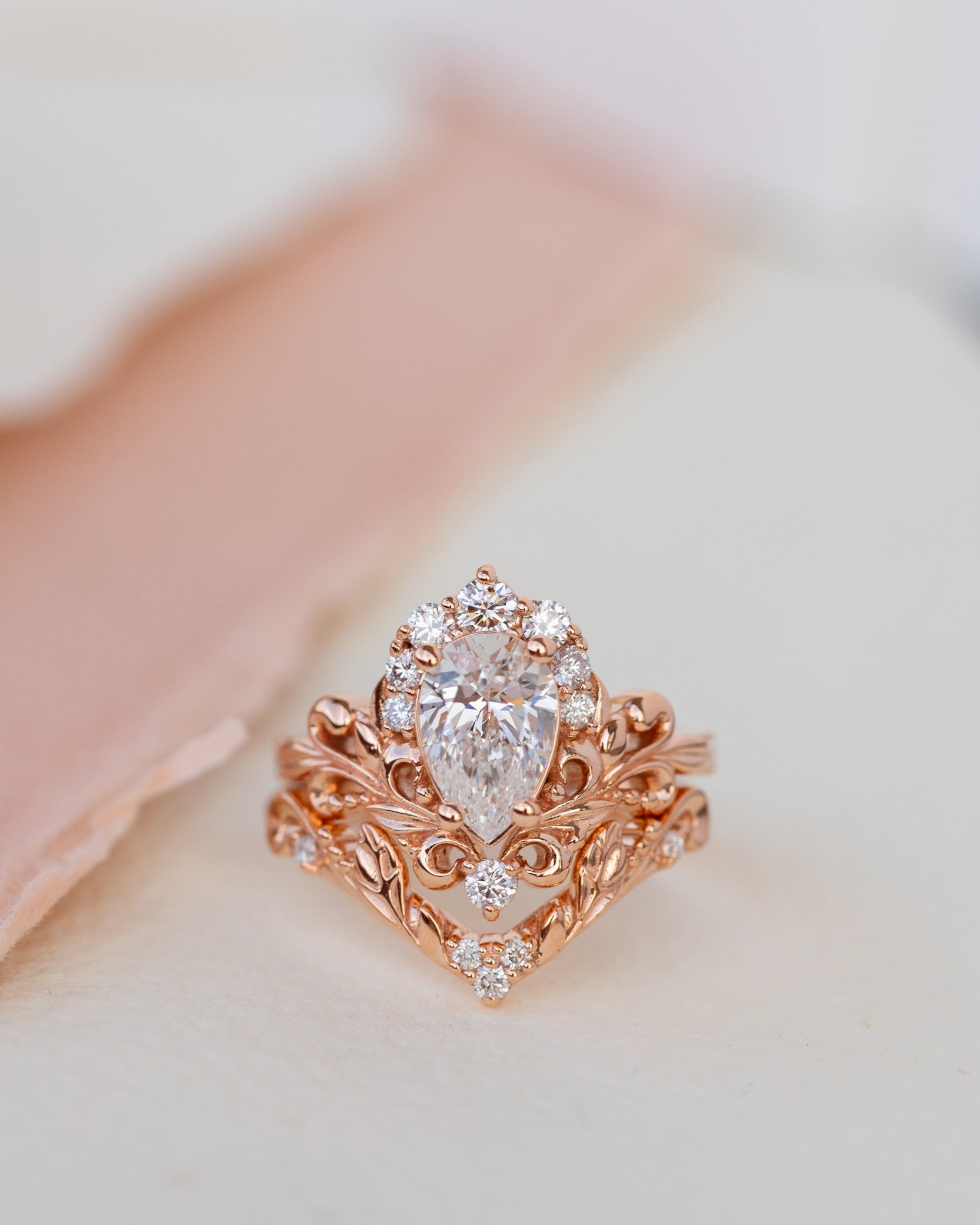 Lab grown diamond engagement ring set, nature inspired rose gold bridal ring set with diamond halo / Sophie - Eden Garden Jewelry™