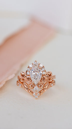 Lab grown diamond engagement ring set, nature inspired rose gold bridal ring set with diamond halo / Sophie - Eden Garden Jewelry™