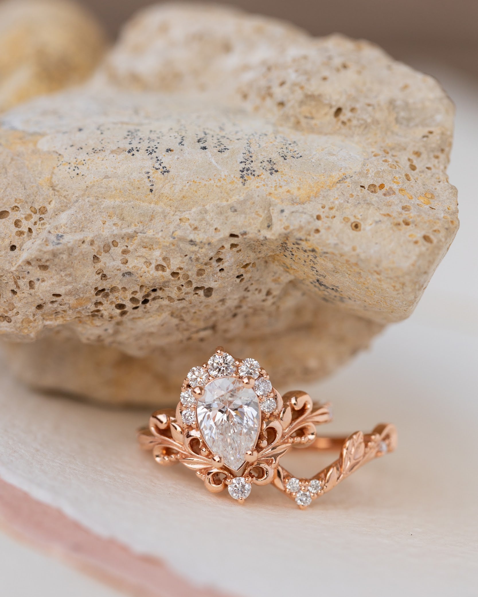 Lab grown diamond engagement ring set, nature inspired rose gold bridal ring set with diamond halo / Sophie - Eden Garden Jewelry™