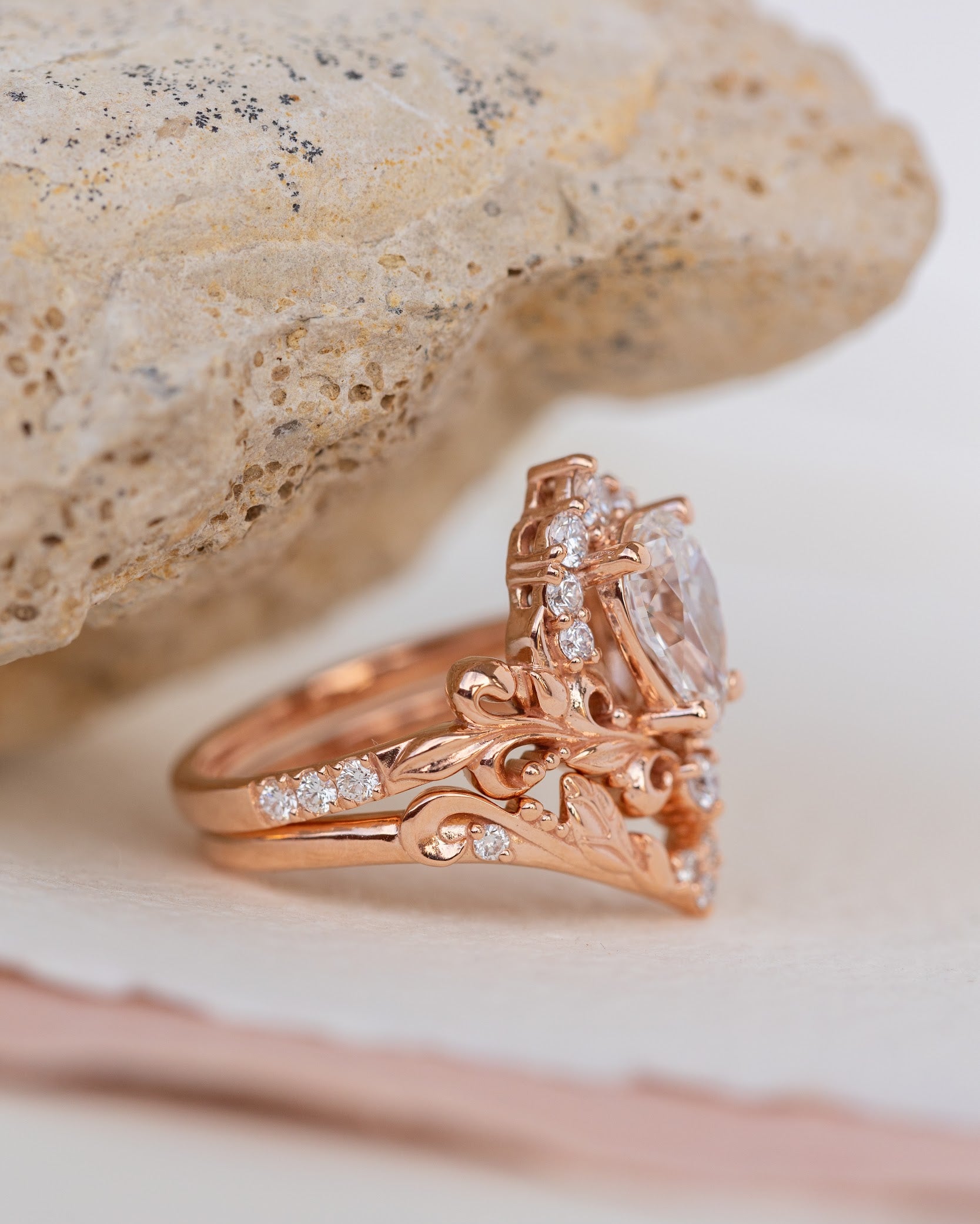 Lab grown diamond engagement ring set, nature inspired rose gold bridal ring set with diamond halo / Sophie - Eden Garden Jewelry™