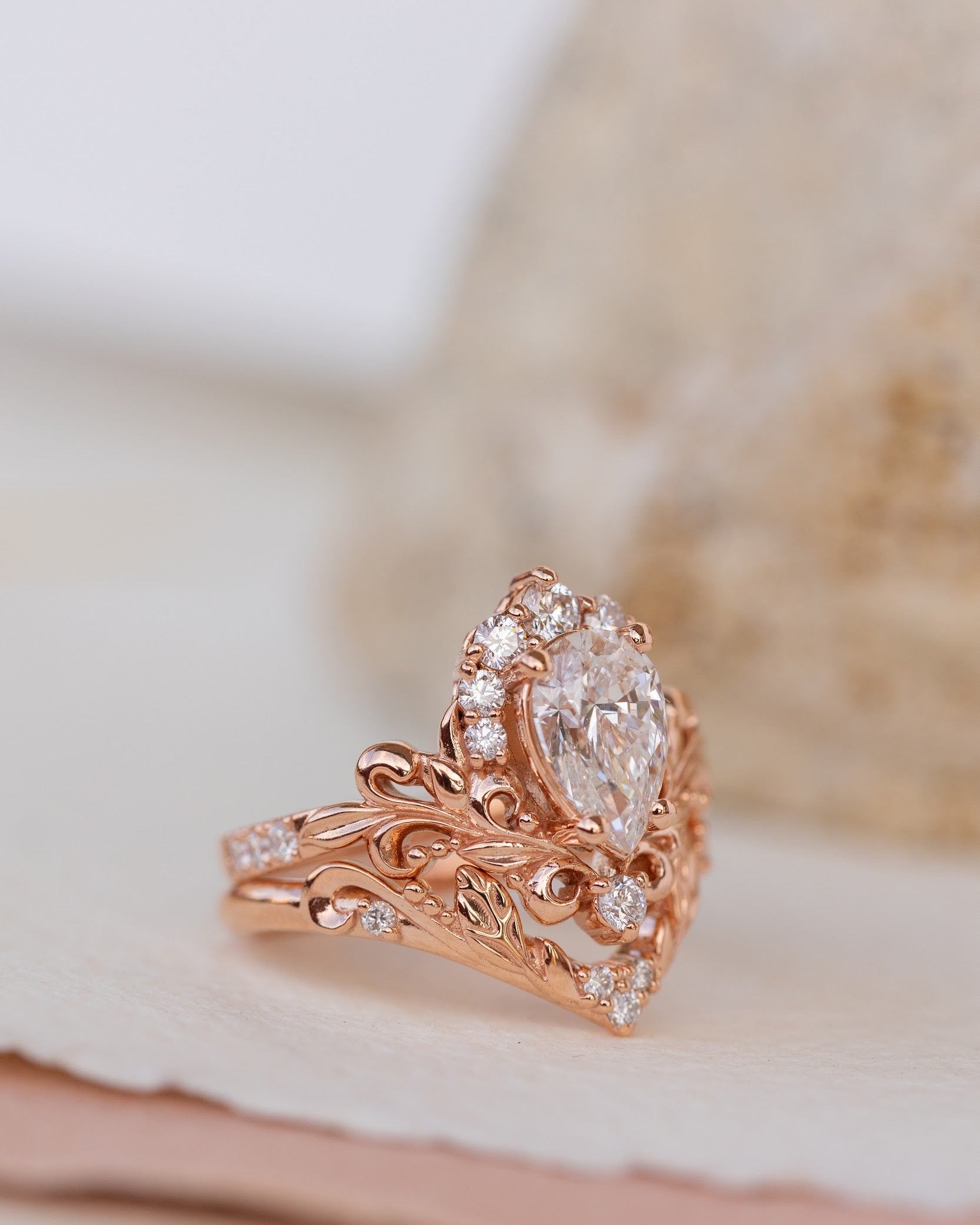 Lab grown diamond engagement ring set, nature inspired rose gold bridal ring set with diamond halo / Sophie - Eden Garden Jewelry™
