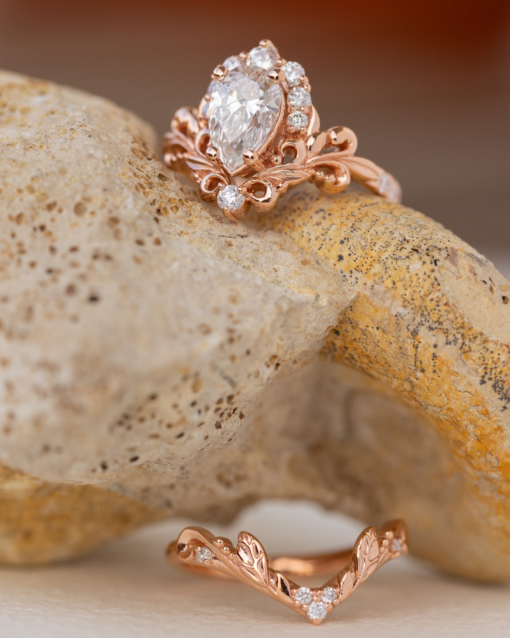 Lab grown diamond engagement ring set, nature inspired rose gold bridal ring set with diamond halo / Sophie - Eden Garden Jewelry™
