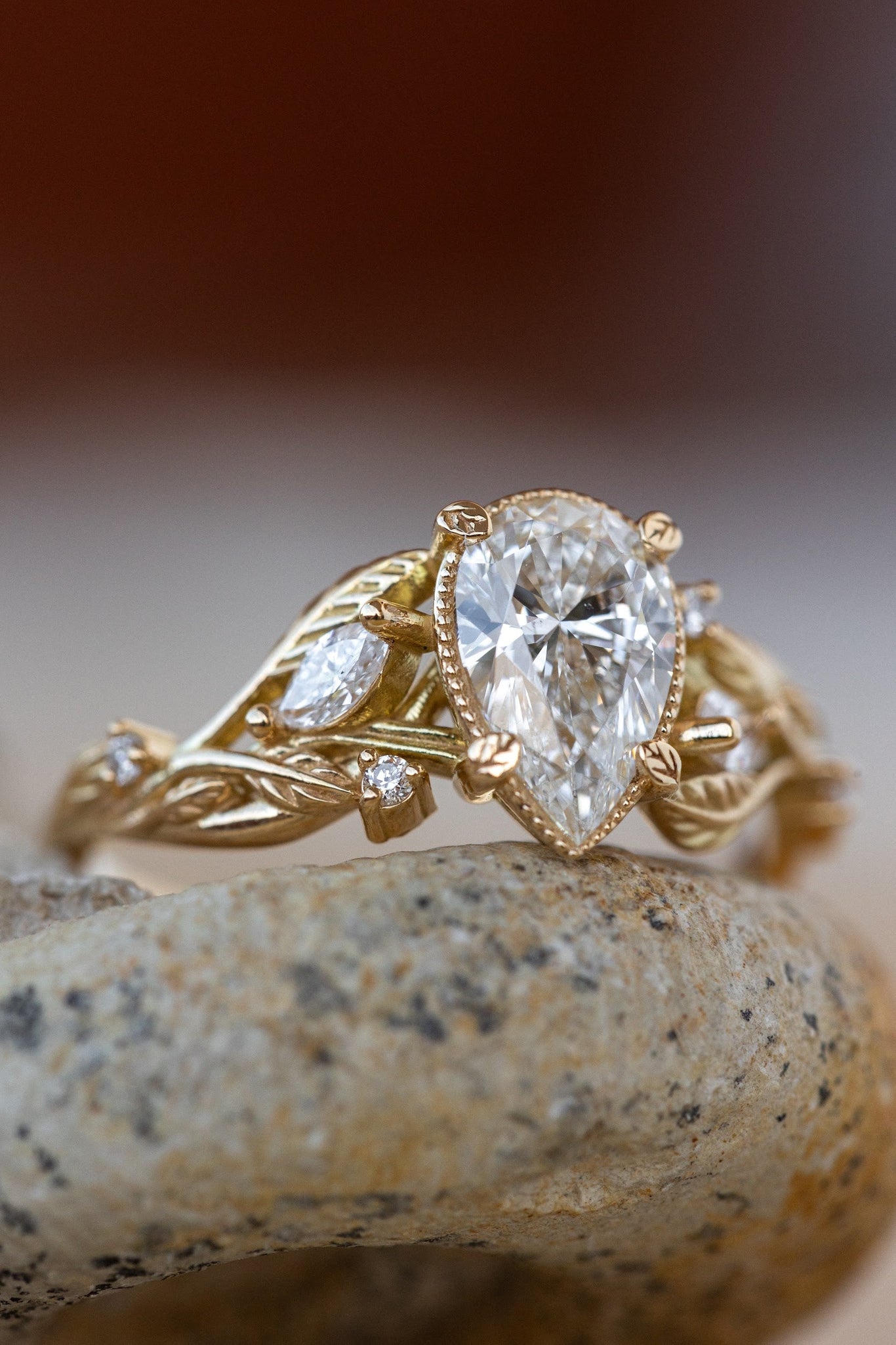 Pear lab grown diamond engagement ring, white gold vines and leaves ring with diamonds / Patricia - Eden Garden Jewelry™