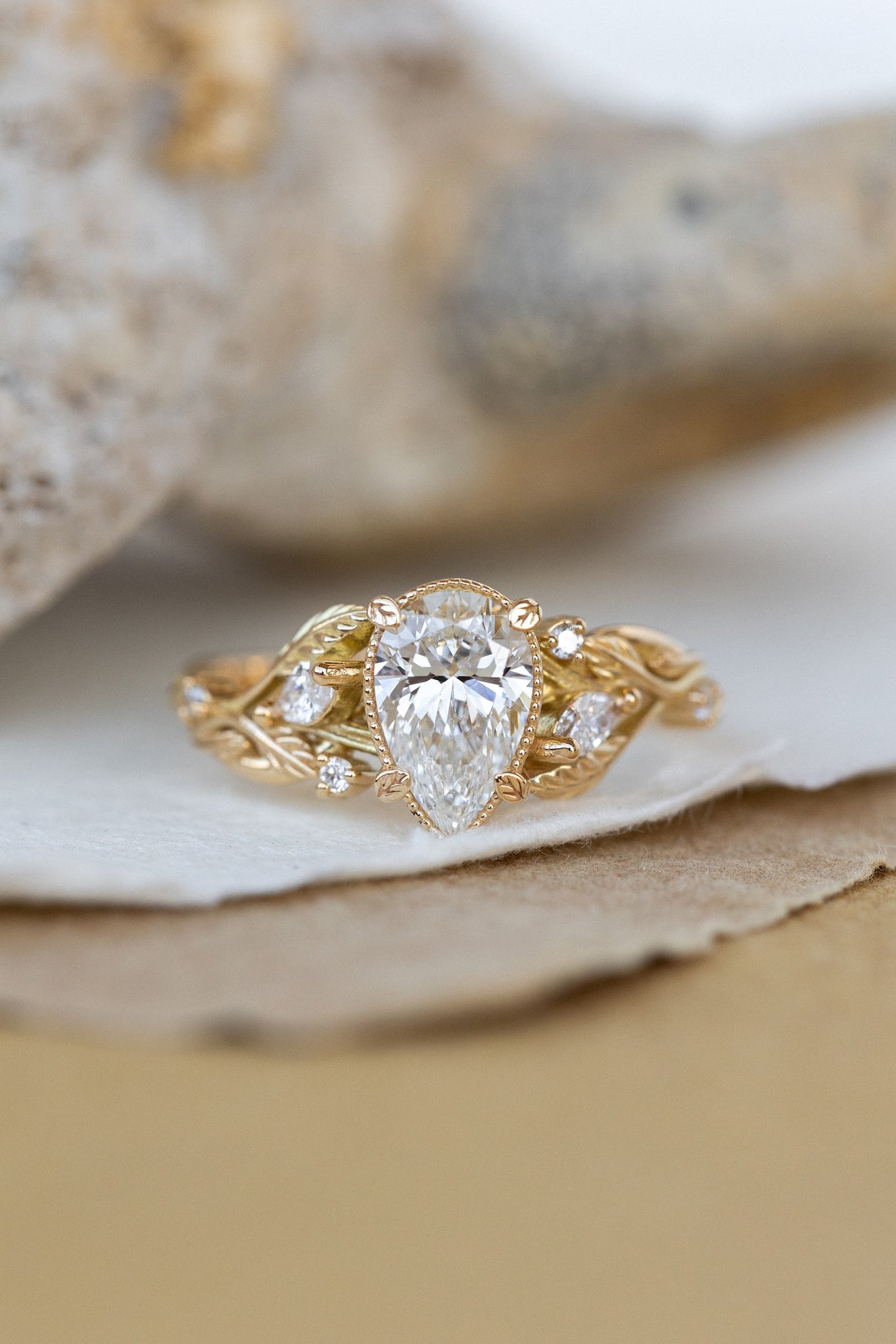 Lab grown diamond engagement ring, gold nature inspired ring with leaves and diamonds / Patricia - Eden Garden Jewelry™