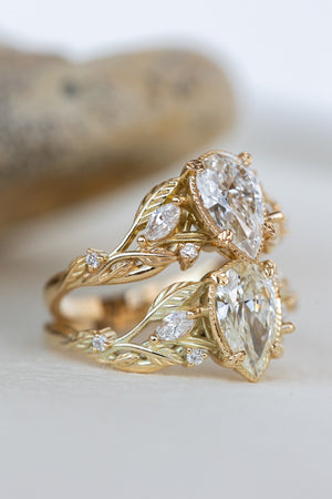 READY TO SHIP: Patricia ring in 14K or 18K yellow gold, lab grown diamond pear cut 9x7* mm, accent lab grown diamonds, AVAILABLE RING SIZES: 6-8US - Eden Garden Jewelry™