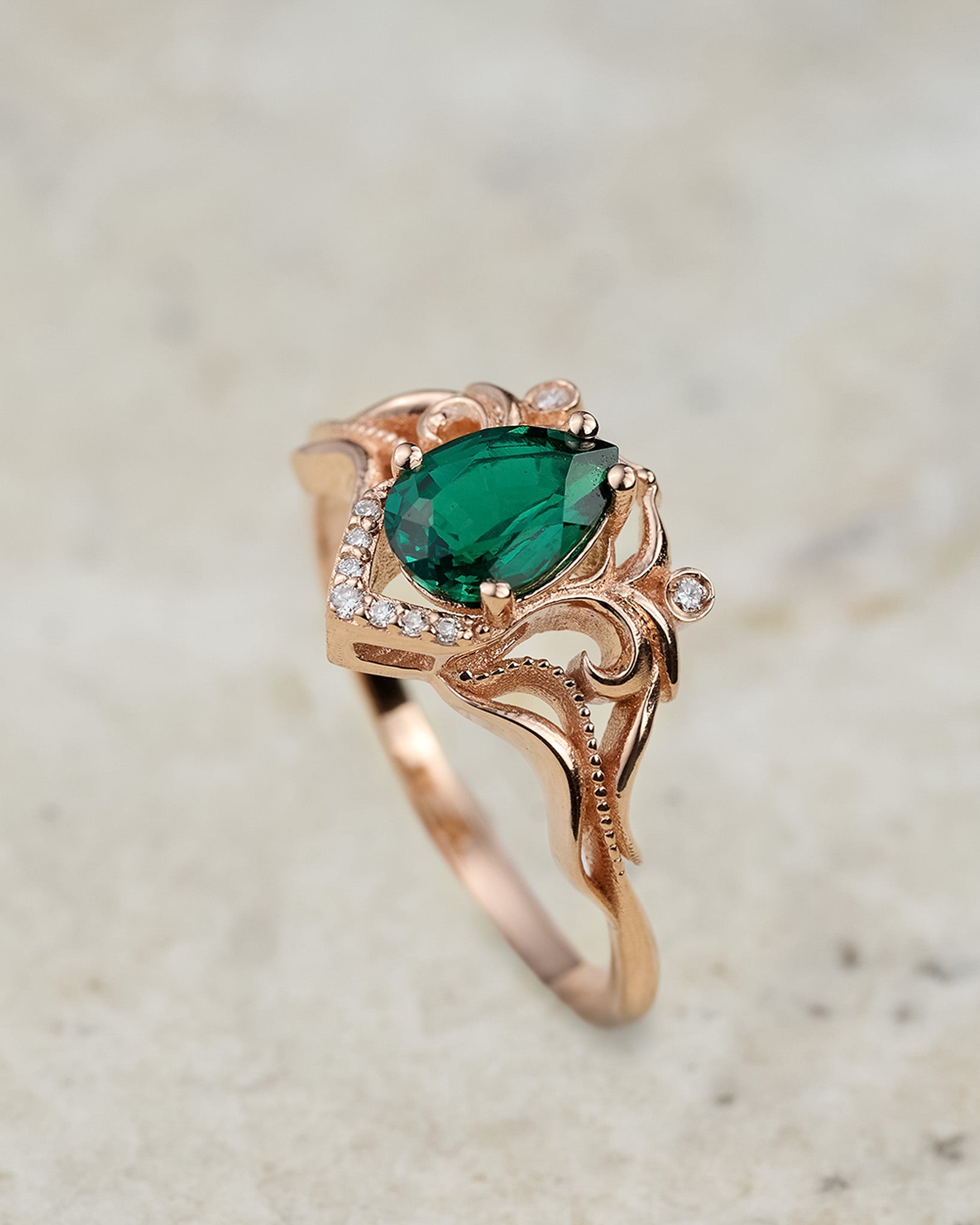 Lab emerald and diamonds engagement ring / Lida small - Eden Garden Jewelry™