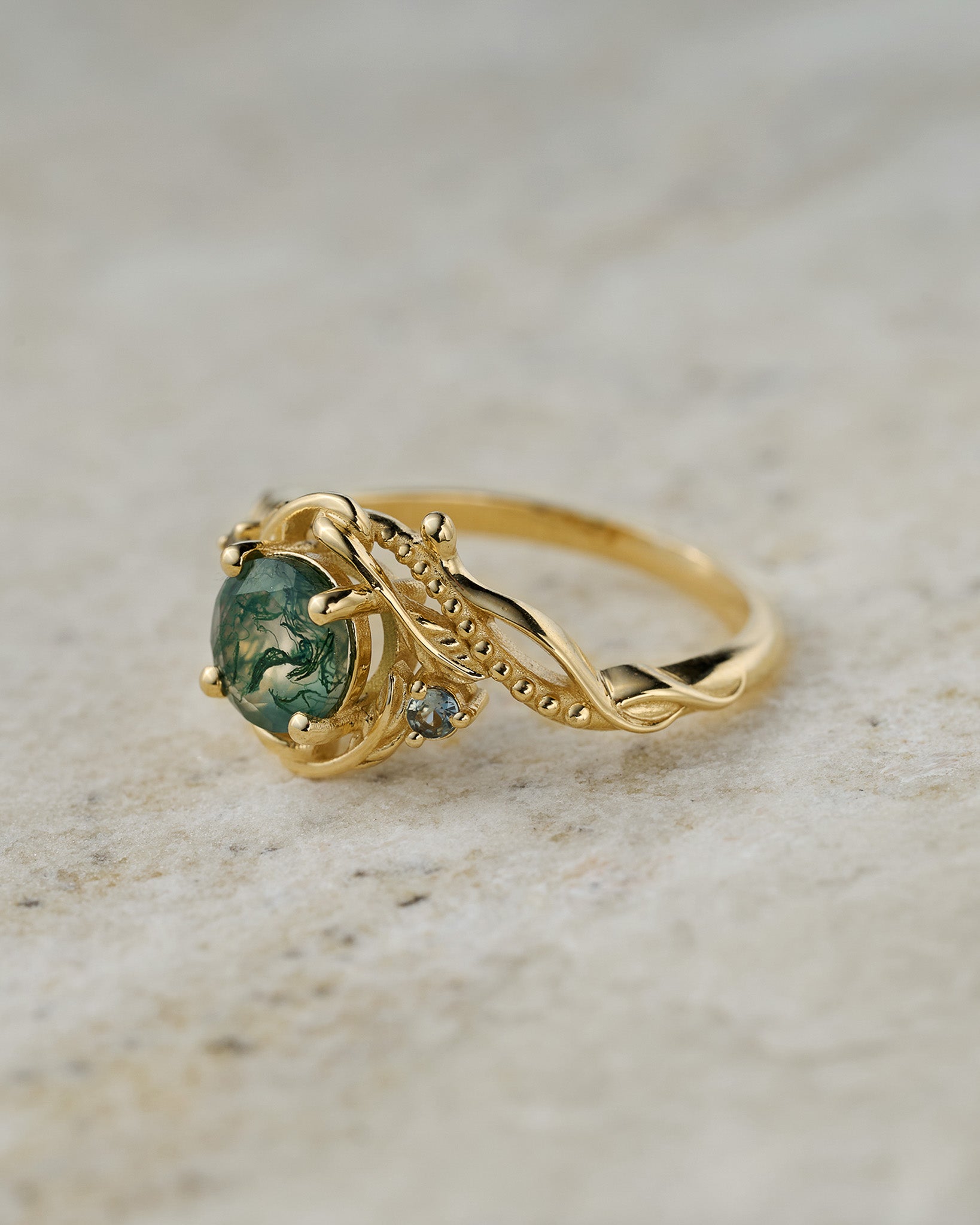READY TO SHIP: moss agate and teal sapphires bridal ring set / Undina, RING SIZE: 5.5 - 8.5 US - Eden Garden Jewelry™