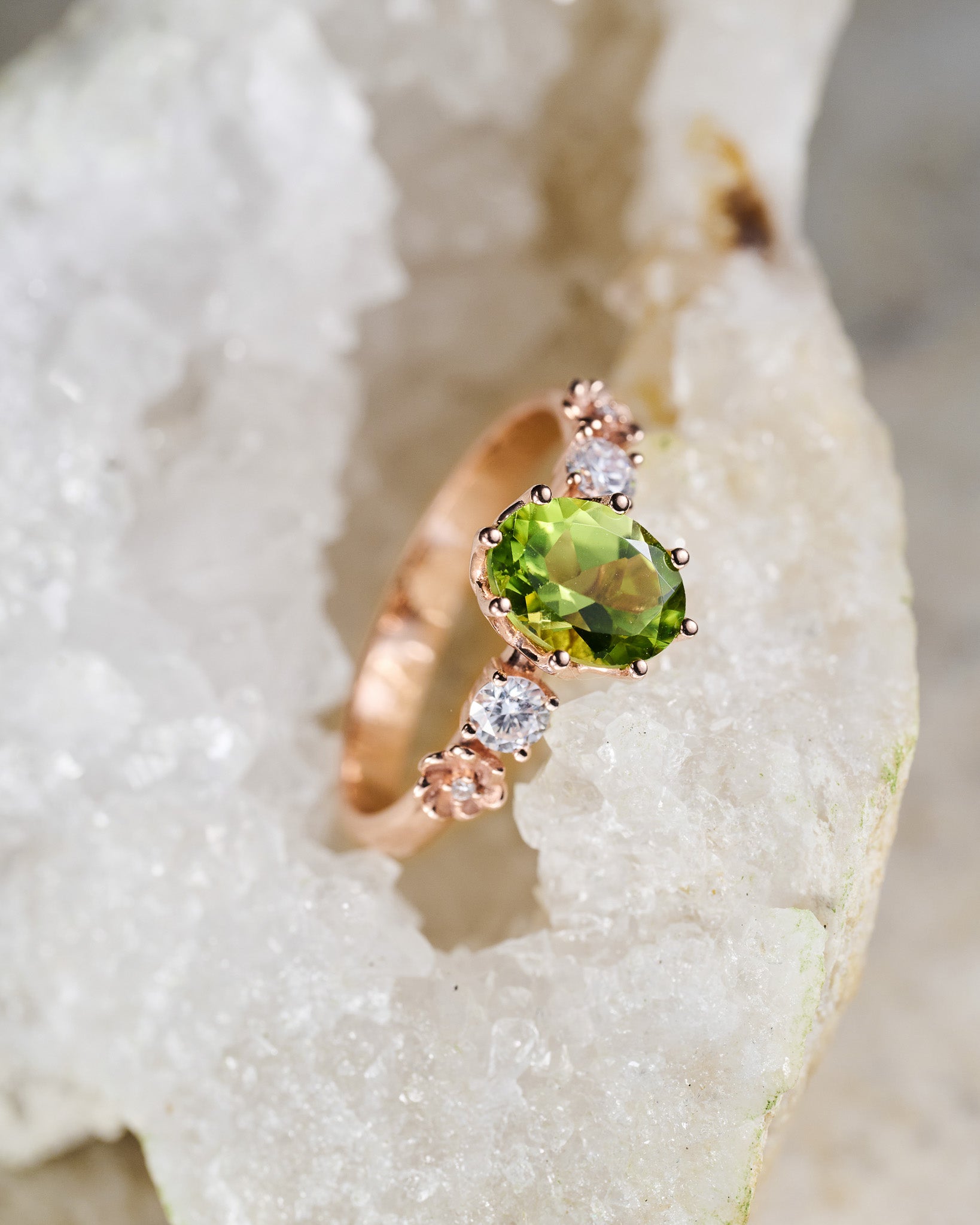 READY TO SHIP: Fiorella in 14K rose gold, oval peridot 8x6 mm, moissanites, RING SIZE - 5.75 US - Eden Garden Jewelry™