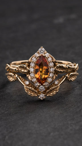 READY TO SHIP: Florentina ring with natural orange sapphire and diamond halo, 14K yellow fold, RING SIZES: 5.5 - 8.5 US - Eden Garden Jewelry™