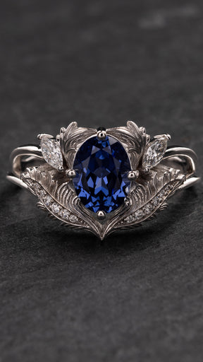 READY TO SHIP: Adonis engagement ring with royal blue lab sapphire, 14K white gold, RING SIZES: 5.5 - 8.5 US - Eden Garden Jewelry™