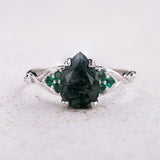 READY TO SHIP: Gloria ring in 14K white gold, 10x7mm natural moss agate & accent lab emeralds, AVAILABLE RING SIZES: 5.5 - 8.5 US
