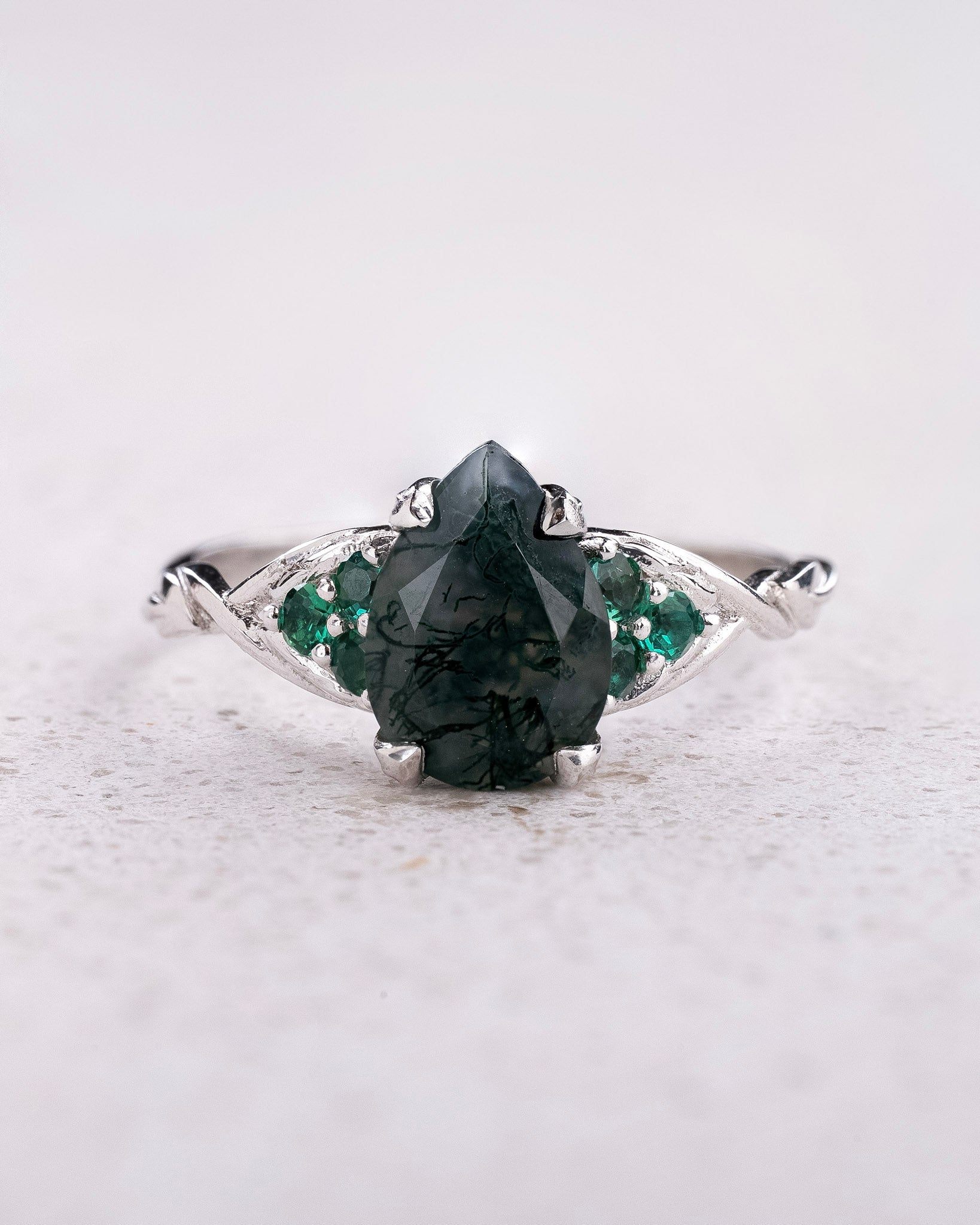 READY TO SHIP Gloria ring in 14K white gold, 10x7mm natural moss agate & accent lab emeralds, AVAILABLE RING SIZES: 5.5 - 8.5 US - Eden Garden Jewelry™