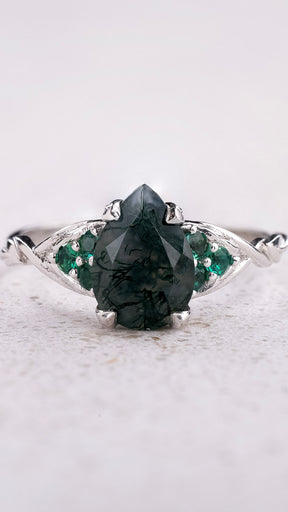 READY TO SHIP Gloria ring in 14K white gold, 10x7mm natural moss agate & accent lab emeralds, AVAILABLE RING SIZES: 5.5 - 8.5 US - Eden Garden Jewelry™