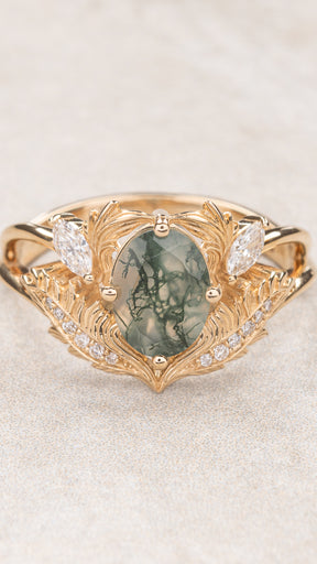 READY TO SHIP: Adonis ring in 14K yellow gold, oval cut moss agate, accent lab grown diamonds, RING SIZES: 5.5 - 8.5 US - Eden Garden Jewelry™