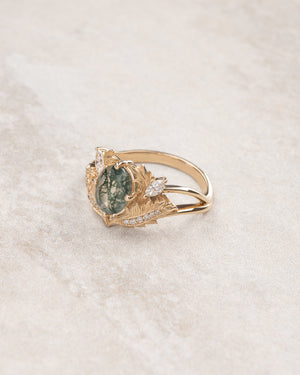 Oval moss agate ring with diamonds, fantasy engagement ring / Adonis