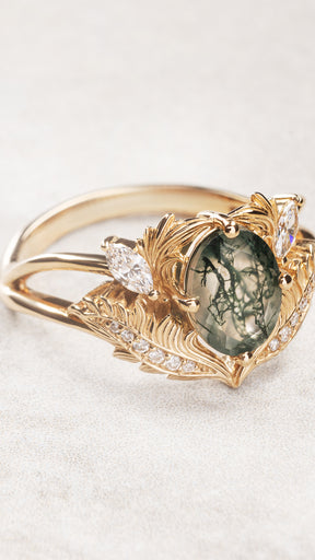 Oval moss agate ring with diamonds, fantasy engagement ring / Adonis - Eden Garden Jewelry™