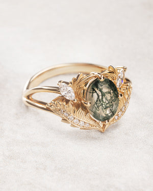 Engagement and wedding ring set with oval moss agate and diamonds / Adonis