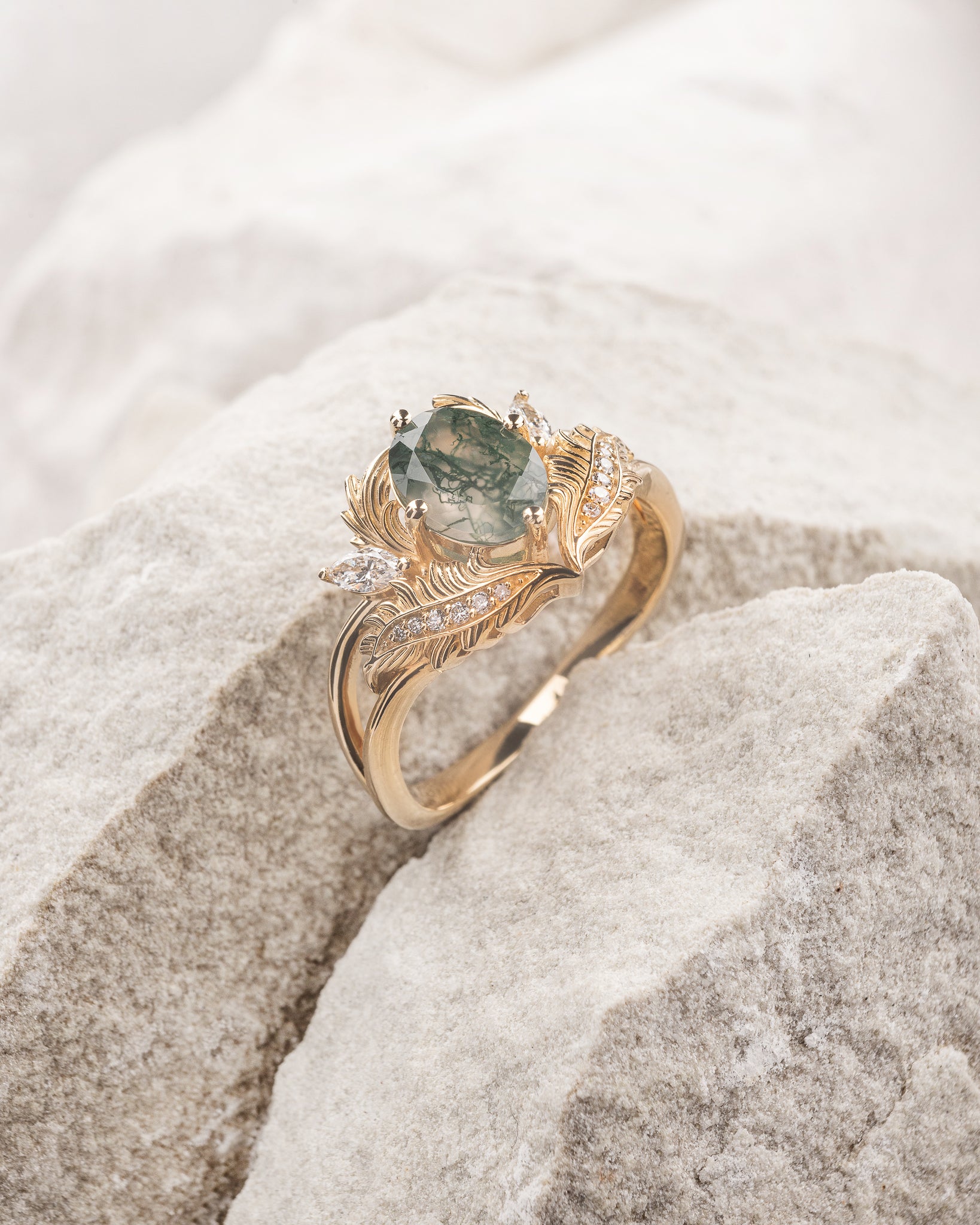 Oval moss agate ring with diamonds, fantasy engagement ring / Adonis