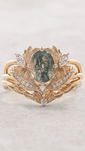 Engagement and wedding ring set with oval moss agate and diamonds / Adonis - Eden Garden Jewelry™