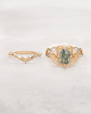 Engagement and wedding ring set with oval moss agate and diamonds / Adonis