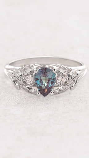 Pear alexandrite ring with diamonds, leaf engagement ring / Wisteria - Eden Garden Jewelry™