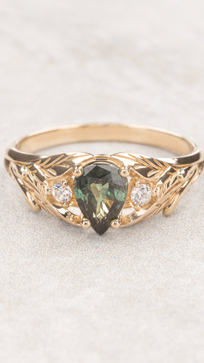 Green sapphire ring with diamonds, leaves engagement ring / Wisteria - Eden Garden Jewelry™