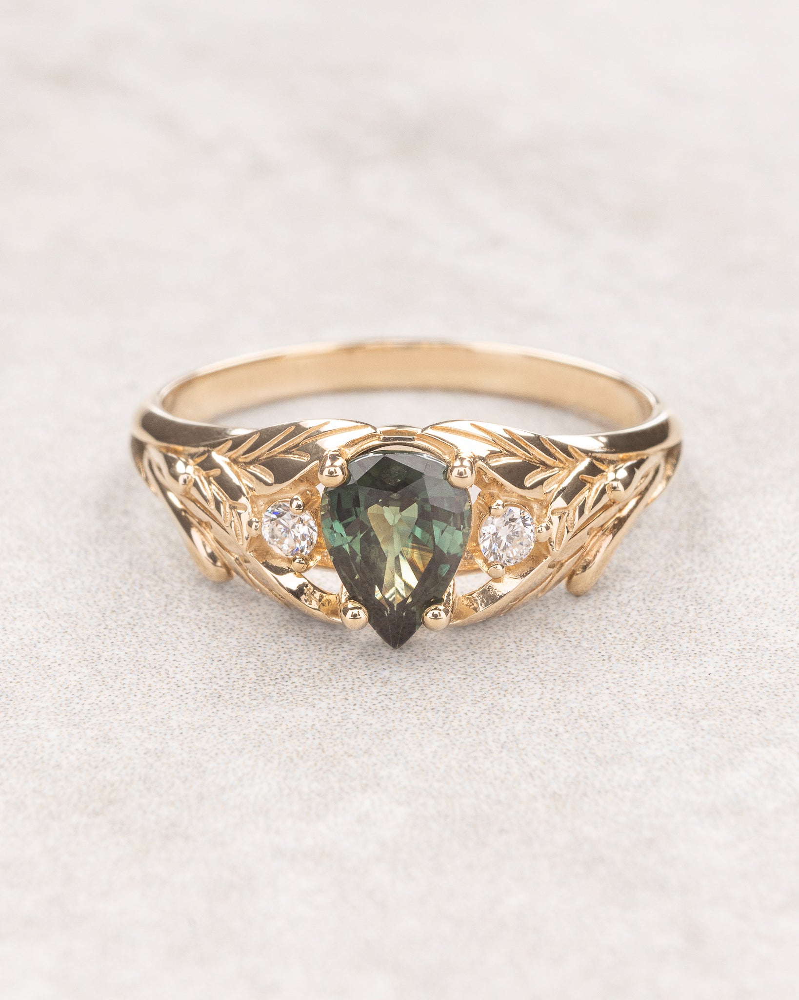 Green sapphire ring with diamonds, leaves engagement ring / Wisteria