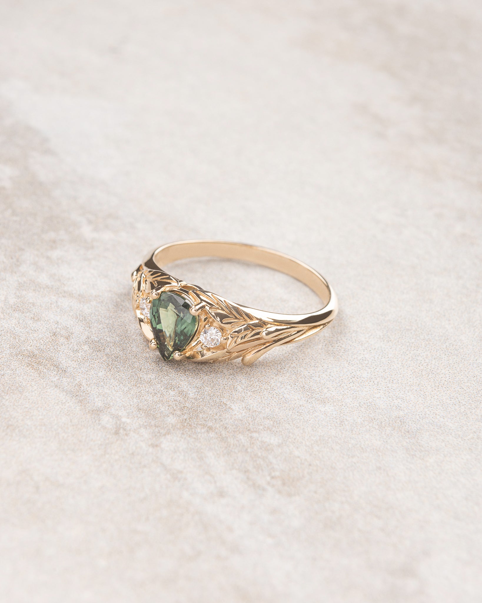 Green sapphire ring with diamonds, leaves engagement ring / Wisteria