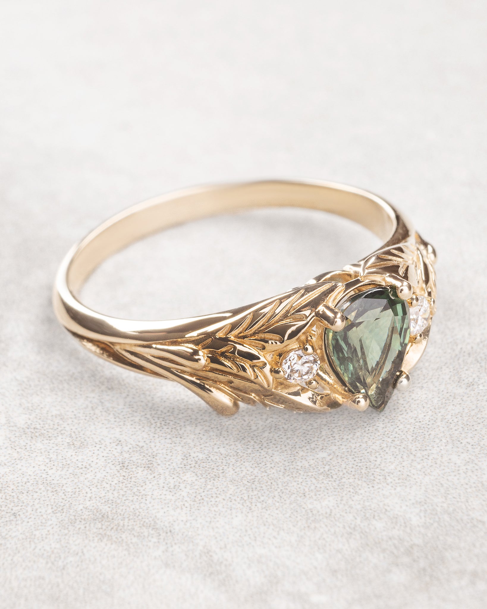 Green sapphire ring with diamonds, leaves engagement ring / Wisteria