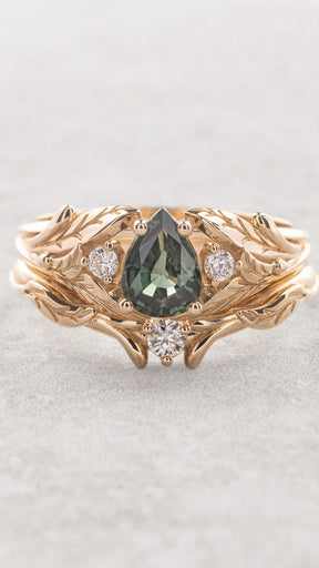 Green sapphire and diamonds bridal ring set / Wisteria - Eden Garden Jewelry™