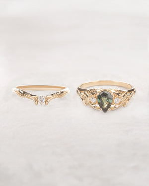 Green sapphire ring with diamonds, leaves engagement ring / Wisteria