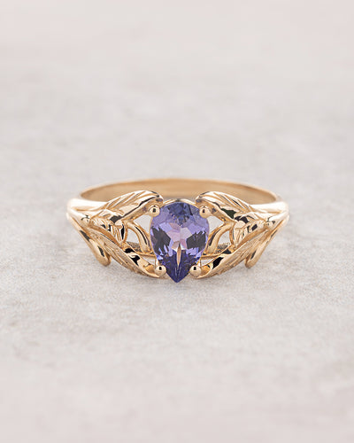 READY TO SHIP: Wisteria leaves ring with clear purple tanzanite, 14K yellow gold, RING SIZES: 5.5 - 8.5 US - Eden Garden Jewelry™
