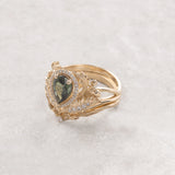 Green sapphire bridal ring set with diamond halo / Adonis halo