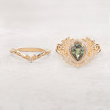 Green sapphire bridal ring set with diamond halo / Adonis halo