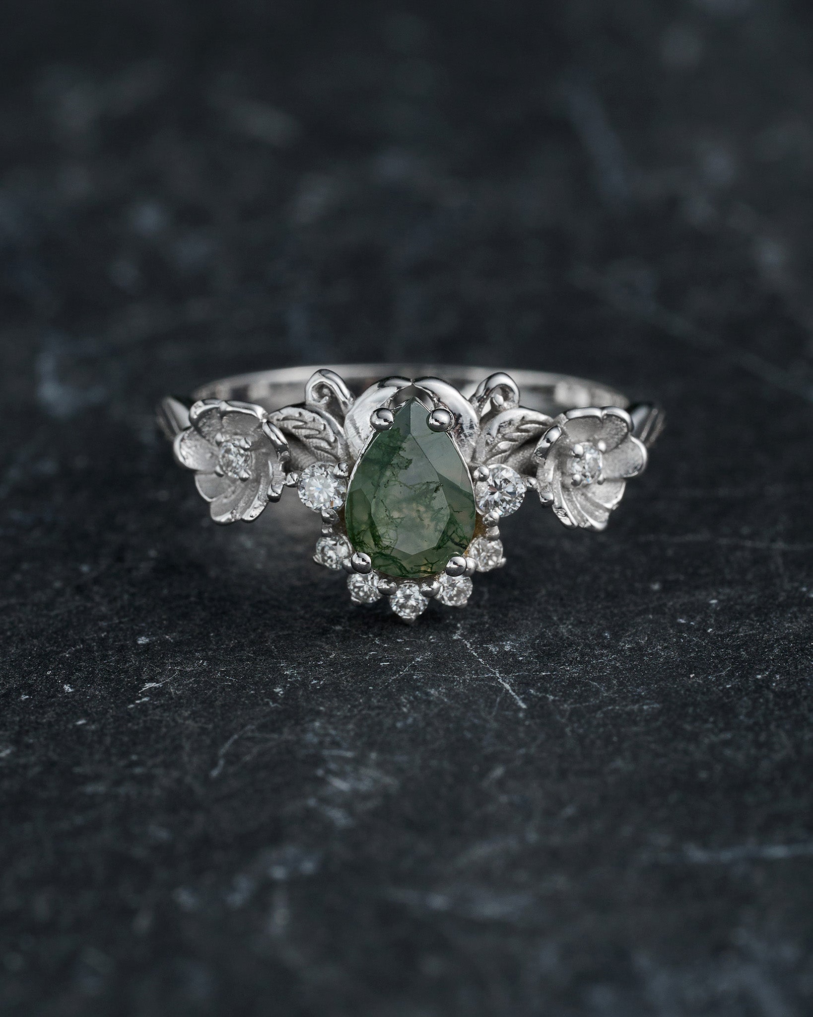 READY TO SHIP: Adelina half halo engagement ring with moss agate and diamonds, 14K white gold, RING SIZES: 5.5 - 8.5 US - Eden Garden Jewelry™