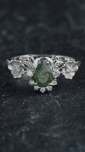 READY TO SHIP: Adelina half halo engagement ring with moss agate and diamonds, 14K white gold, RING SIZES: 5.5 - 8.5 US - Eden Garden Jewelry™