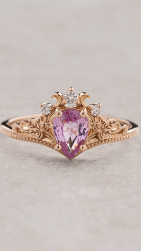 Delicate pink sapphire and golden leaves engagement ring / Ariadne - Eden Garden Jewelry™