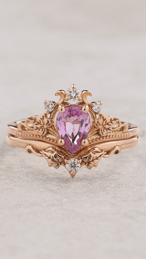 Natural pink sapphire and diamonds bridal ring set / Ariadne - Eden Garden Jewelry™