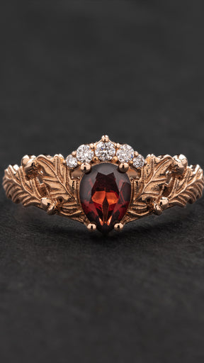 READY TO SHIP: Royal oak ring in 14K rose gold, natural garnet pear cut 7x5 mm, moissanites, AVAILABLE RING SIZES: 5.5 - 8.5 US - Eden Garden Jewelry™